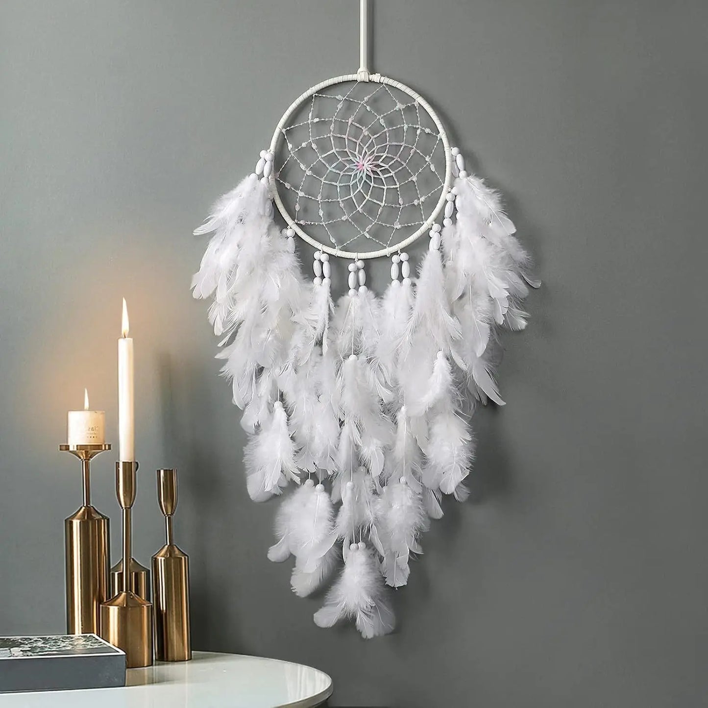 White Feather Dream Catcher Wall Hanging – 20" Boho Room Decor