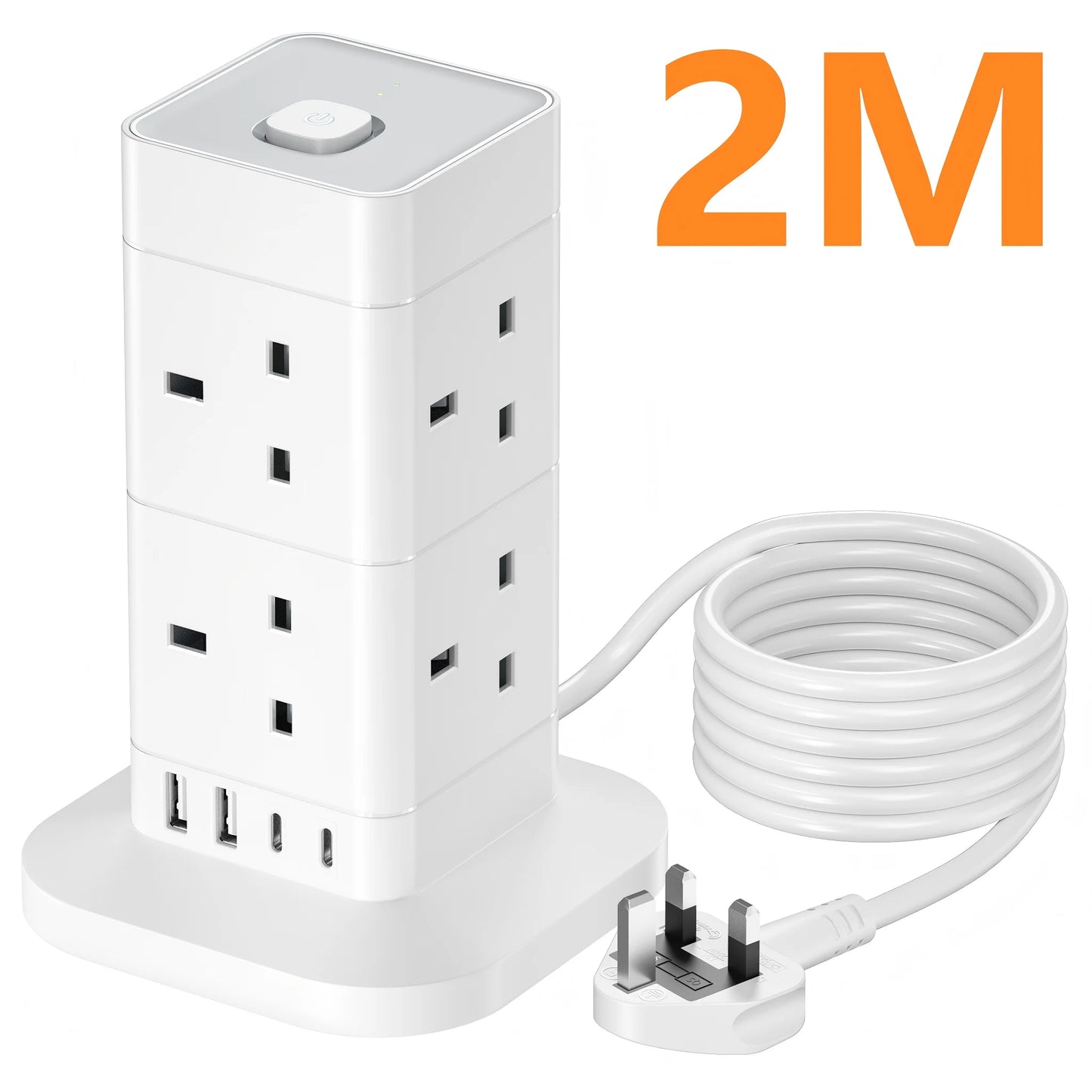 Hotimy 8-Way Tower Extension Lead with USB – 4 USB Ports (2A + 2C), 3250W 13A, 2m Cable