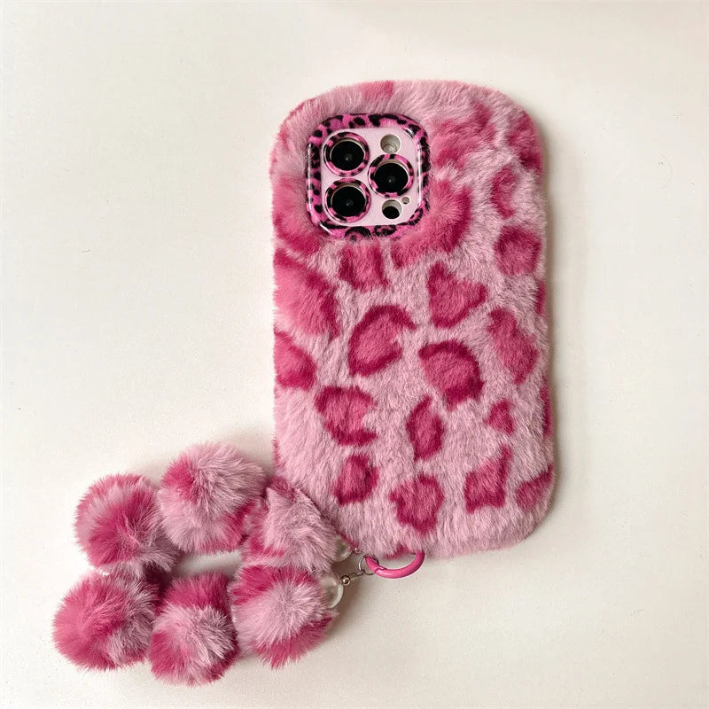 Fashion Leopard Furry Plush Lens Bracket Phone Case For iPhone 17Air 15 14 13 12 11 16 Pro Max With Wrist Chain Shockproof Cover