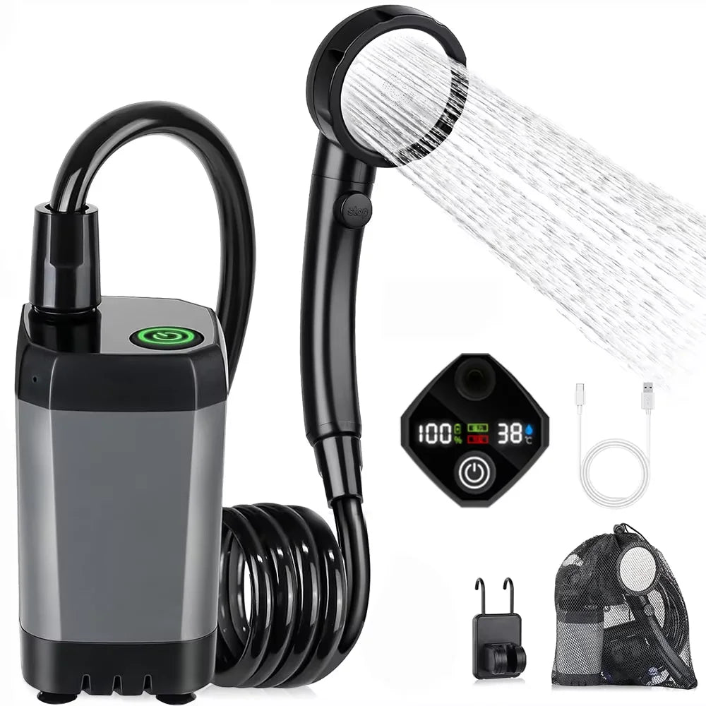 Portable Camping Shower Pump – 6000mAh Rechargeable with LED Display