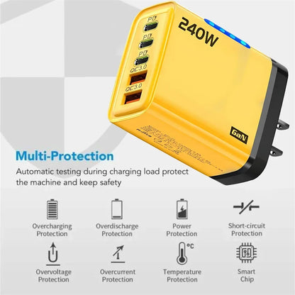 GaN Fast Charger 240W 5 Ports PD Quick Charge 3.0 2USB 3Type C For iPhone 15 16 17 Samsung Xiaomi Huawei Tablet EU US UK Plug