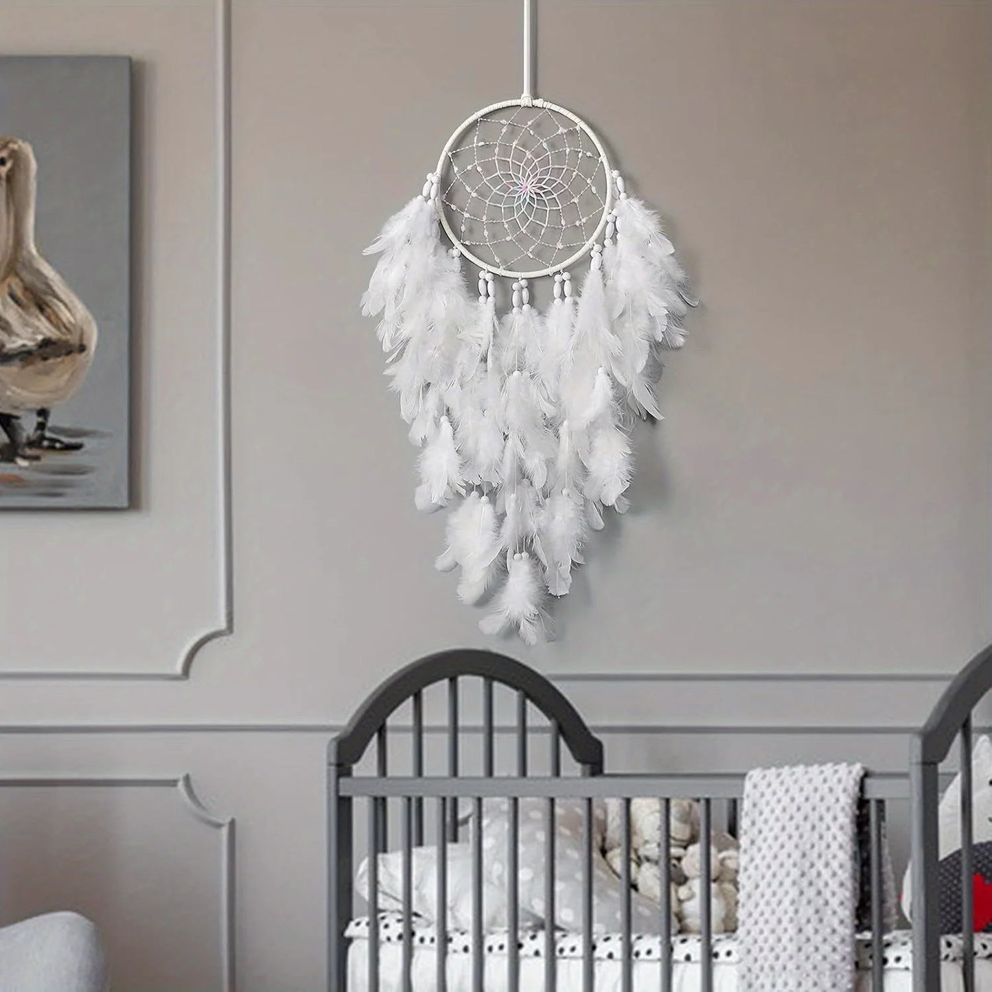 White Feather Dream Catcher Wall Hanging – 20" Boho Room Decor