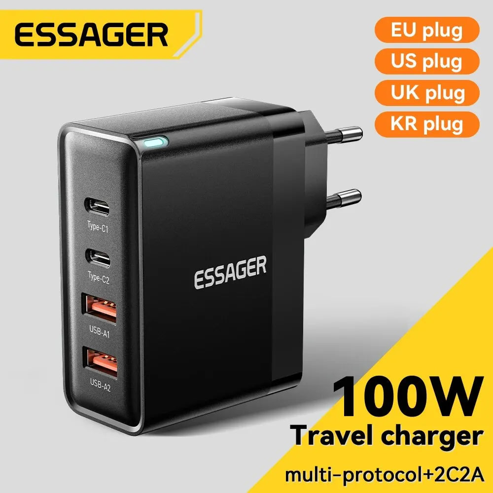 Essager 100W GaN Travel Charger – 3x USB-C & 1x USB-A Fast Charging