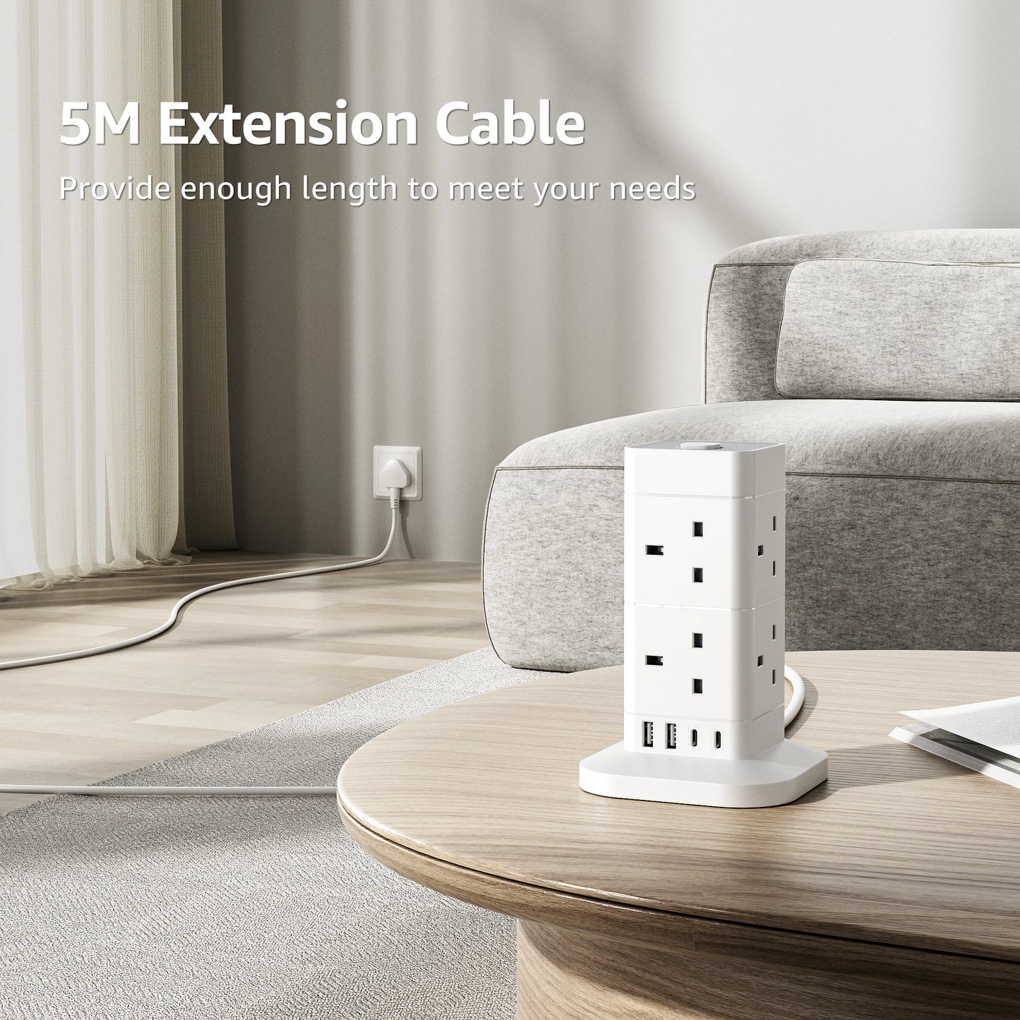 Hotimy 8-Way Tower Extension Lead with USB – 4 USB Ports (2A + 2C), 3250W 13A, 2m Cable
