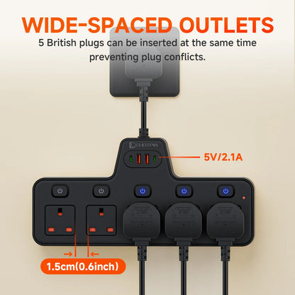 UK Power Strip with Independent Switches – USB & USB-C, 2500W