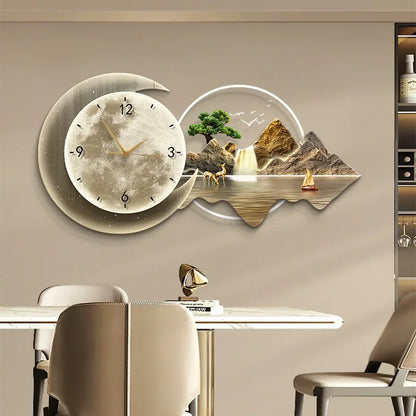 Luxury Silent Wall Clock with Luminous Landscape Mural