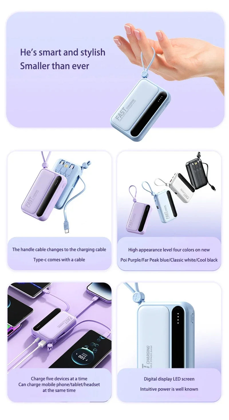 2026 500000mAh 4-in-1 Power Bank With Large Capacity Built-in Cable Digital Display Light Portable And Multifunctional Battery
