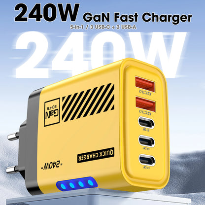 5 Port GaN USB C Charger 240W PD Fast Charger Phone Adapter Wall Charger For iPhone Samsung Xiaomi Huawei Fast Charging Plug
