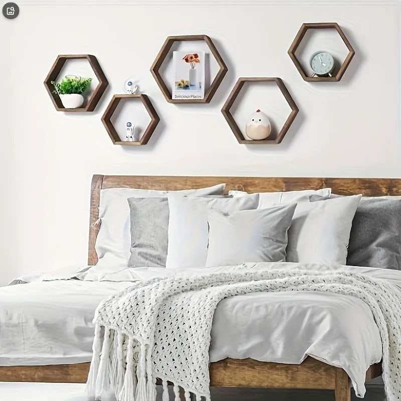 Hexagonal Wooden Floating Wall Shelf – Rustic Wall-Mounted Storage