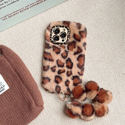 Fashion Leopard Furry Plush Lens Bracket Phone Case For iPhone 17Air 15 14 13 12 11 16 Pro Max With Wrist Chain Shockproof Cover