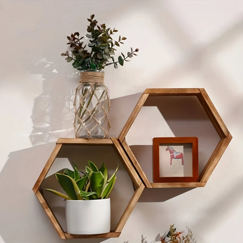 Hexagonal Wooden Floating Wall Shelf – Rustic Wall-Mounted Storage