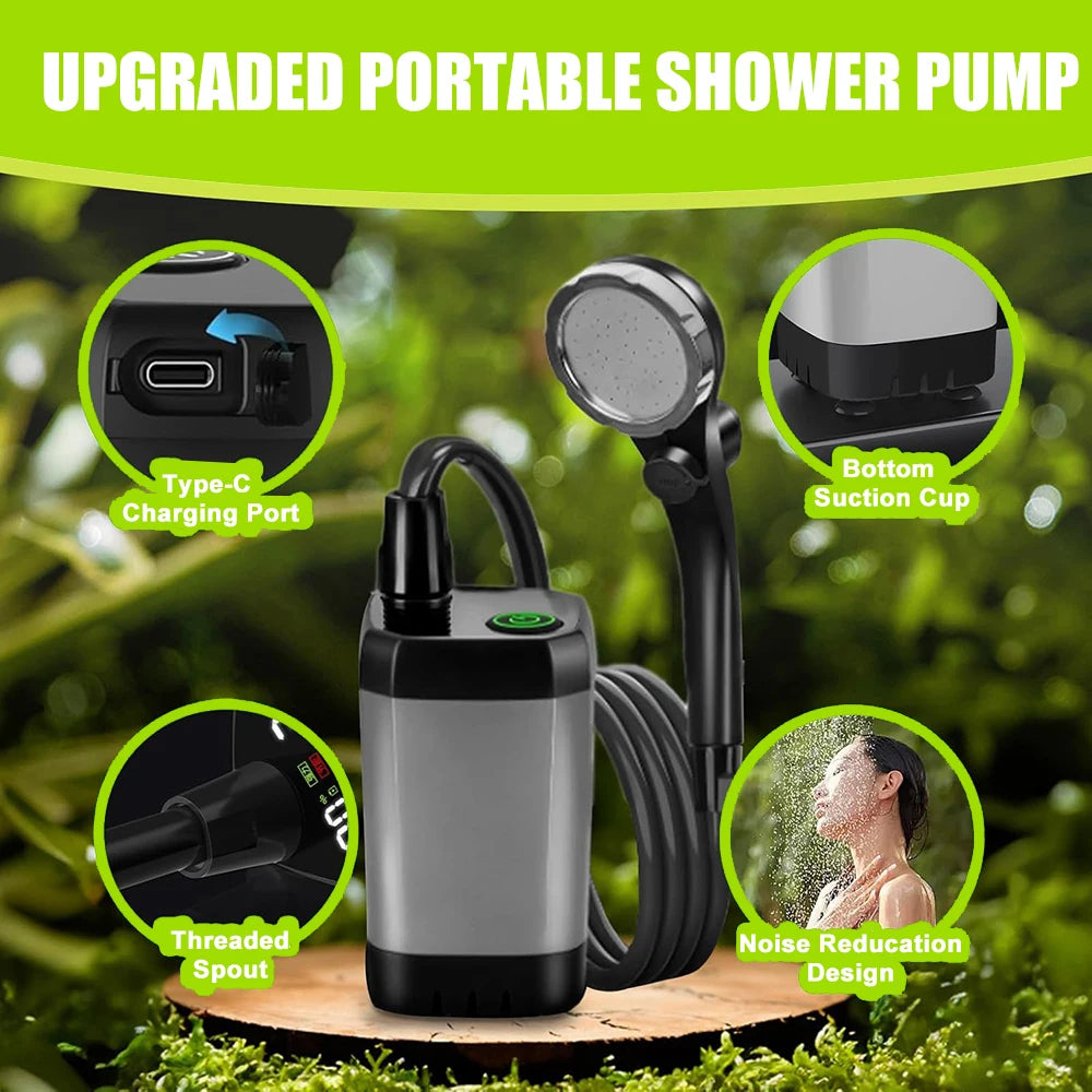 Portable Camping Shower Pump – 6000mAh Rechargeable with LED Display
