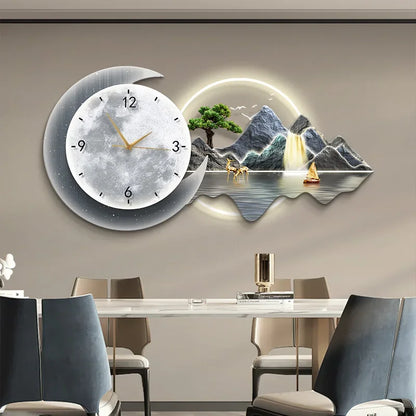 Luxury Silent Wall Clock with Luminous Landscape Mural