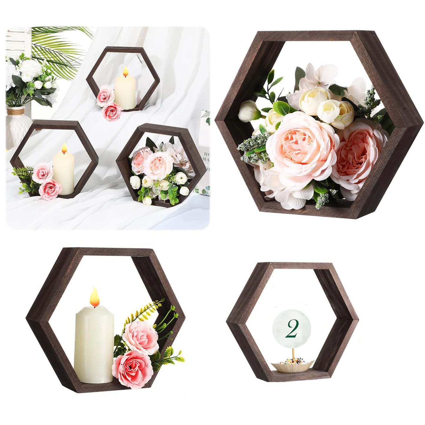 Hexagonal Wooden Floating Wall Shelf – Rustic Wall-Mounted Storage