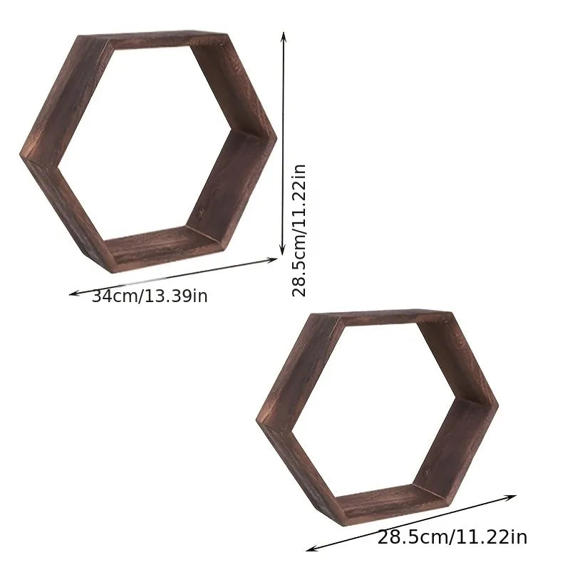 Hexagonal Wooden Floating Wall Shelf – Rustic Wall-Mounted Storage