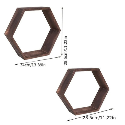 Hexagonal Wooden Floating Wall Shelf – Rustic Wall-Mounted Storage