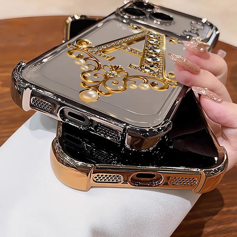 Diamond Golden A-Pattern Electroplated Transparent TPU Phone Case For iPhone 17 Pro Max 11 12 13 14 15 16 Plus 17 Air Soft Cover
