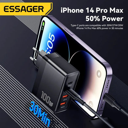 Essager 100W GaN Travel Charger – 3x USB-C & 1x USB-A Fast Charging