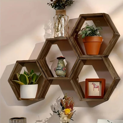 Hexagonal Wooden Floating Wall Shelf – Rustic Wall-Mounted Storage