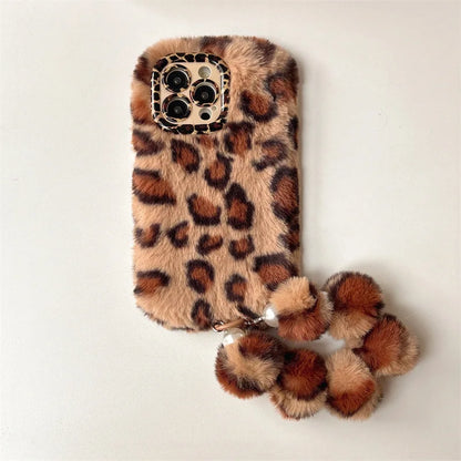 Fashion Leopard Furry Plush Lens Bracket Phone Case For iPhone 17Air 15 14 13 12 11 16 Pro Max With Wrist Chain Shockproof Cover