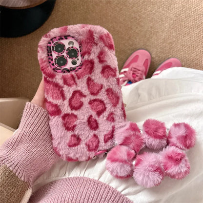 Fashion Leopard Furry Plush Lens Bracket Phone Case For iPhone 17Air 15 14 13 12 11 16 Pro Max With Wrist Chain Shockproof Cover