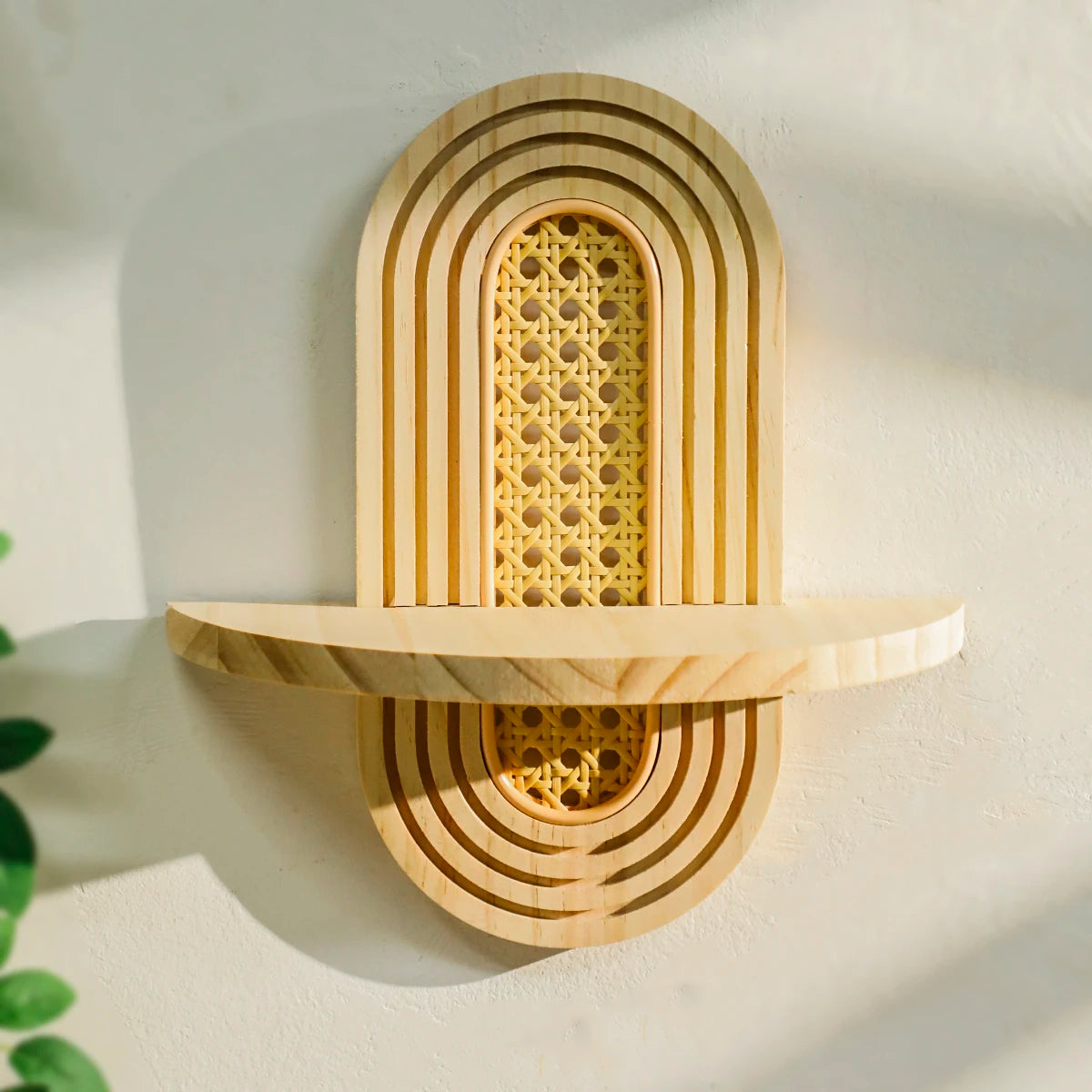 Boho Geometric Wooden Wall Shelf – Natural Wood Floating Shelf