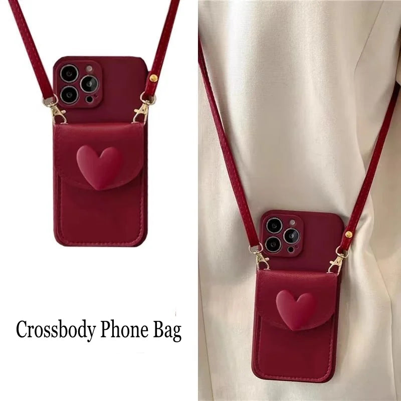 Love Wallet Lanyard Case for iPhone 17 Pro Max 17Air 11 12 13 15 Pro 16 14 Plus Crossbody Strap Fashion Leather Cute Bag Cover