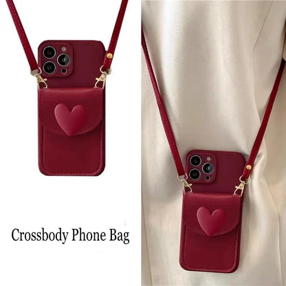 Love Wallet Lanyard Case for iPhone 17 Pro Max 17Air 11 12 13 15 Pro 16 14 Plus Crossbody Strap Fashion Leather Cute Bag Cover