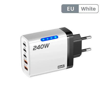 GaN Fast Charger 240W 5 Ports PD Quick Charge 3.0 2USB 3Type C For iPhone 15 16 17 Samsung Xiaomi Huawei Tablet EU US UK Plug