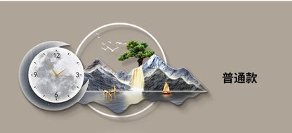 Luxury Silent Wall Clock with Luminous Landscape Mural