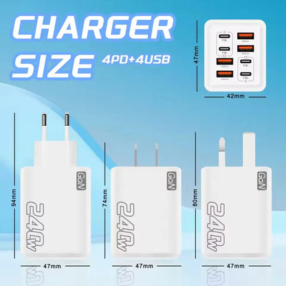 240W GaN USB C Charger 8 in 1 Fast Charging Phone Charger Power Adapter For iPhone Samsung Xiaomi Type C EU/US Plug Wall Charger