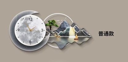 Luxury Silent Wall Clock with Luminous Landscape Mural