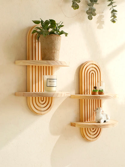 Boho Geometric Wooden Wall Shelf – Natural Wood Floating Shelf