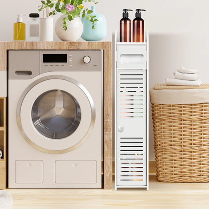 Bathroom Cabinet Unit with Door and Toilet Paper Holder, PVC Material, Slim, Floor Standing, Easy to Assemble, 80x15x17cm