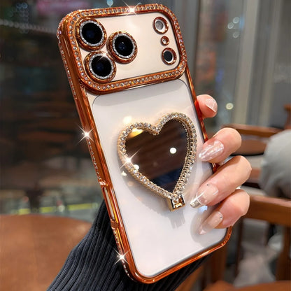 Luxury Rhinestone Heart Mirror Stand Phone Case for iPhone 11 12 13 14 15 16 17 Pro Max Fall Protection Back Cover