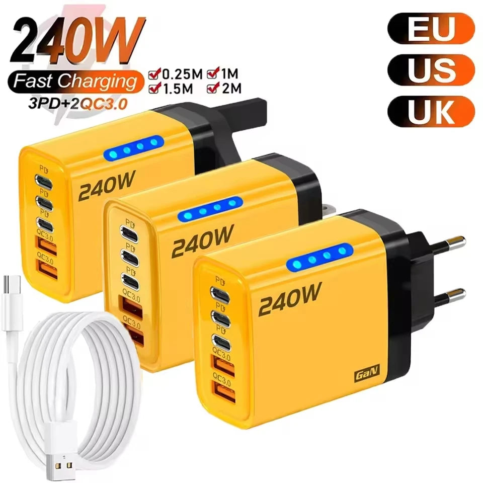 GaN Fast Charger 240W 5 Ports PD Quick Charge 3.0 2USB 3Type C For iPhone 15 16 17 Samsung Xiaomi Huawei Tablet EU US UK Plug