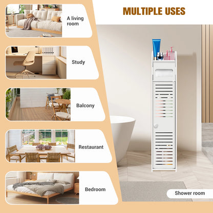 Bathroom Cabinet Unit with Door and Toilet Paper Holder, PVC Material, Slim, Floor Standing, Easy to Assemble, 80x15x17cm