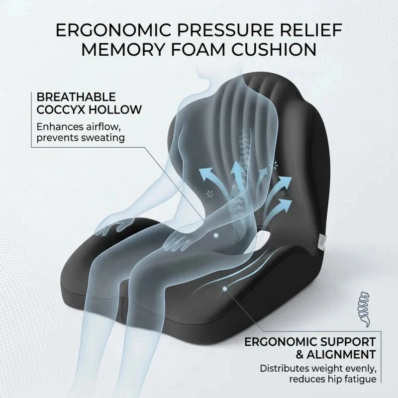 Ergonomic Memory Foam Seat Cushion with Lumbar Support Orthopedic Back Tailbone Sciatica Pain Relief for Office Chair Car