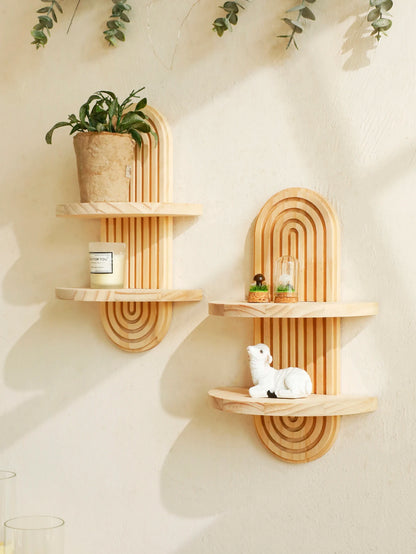 Boho Geometric Wooden Wall Shelf – Natural Wood Floating Shelf