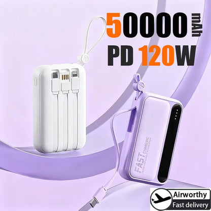 2026 500000mAh 4-in-1 Power Bank With Large Capacity Built-in Cable Digital Display Light Portable And Multifunctional Battery