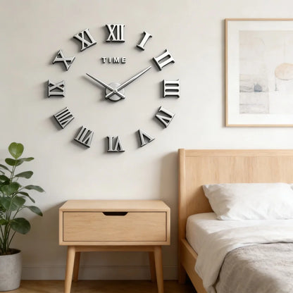 Large Roman Numeral Acrylic Mirror Wall Clock – DIY 3D Sticker