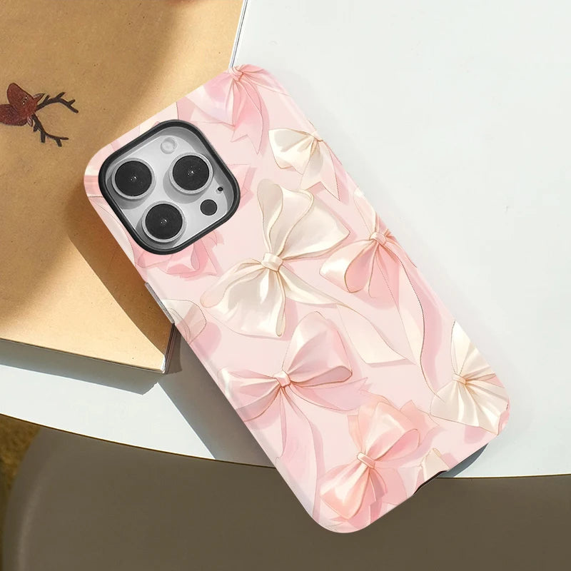 Ins Pink Bow Tie Case for IPHONE 16 ProMax 15 14 13 12 11 PRO 16 Plus  Acrylic TPU Double-layer Magnetic Phone Cases
