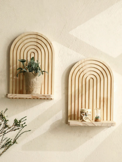 Boho Geometric Wooden Wall Shelf – Natural Wood Floating Shelf
