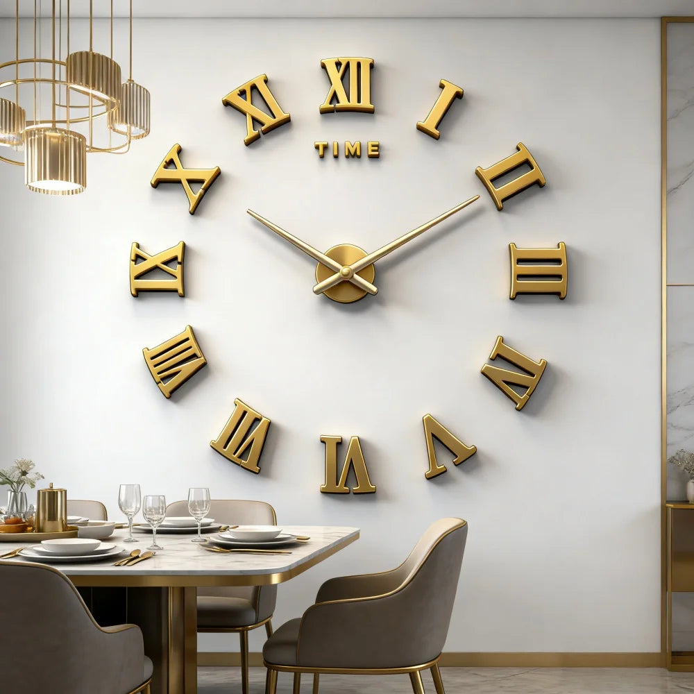 Large Roman Numeral Acrylic Mirror Wall Clock – DIY 3D Sticker