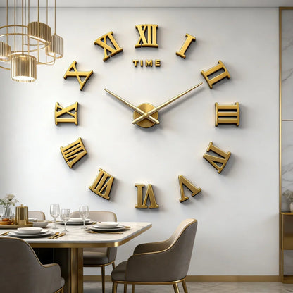 Large Roman Numeral Acrylic Mirror Wall Clock – DIY 3D Sticker