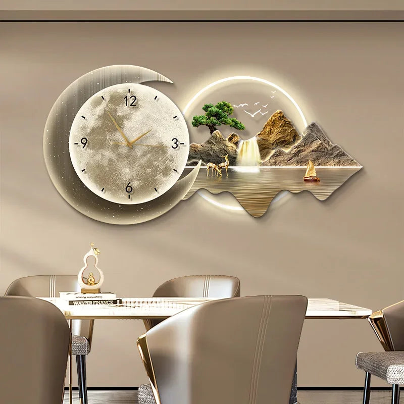 Luxury Silent Wall Clock with Luminous Landscape Mural