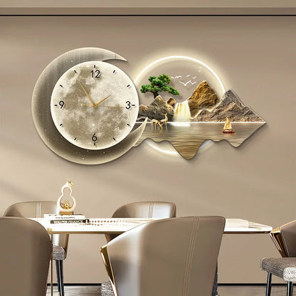 Luxury Silent Wall Clock with Luminous Landscape Mural