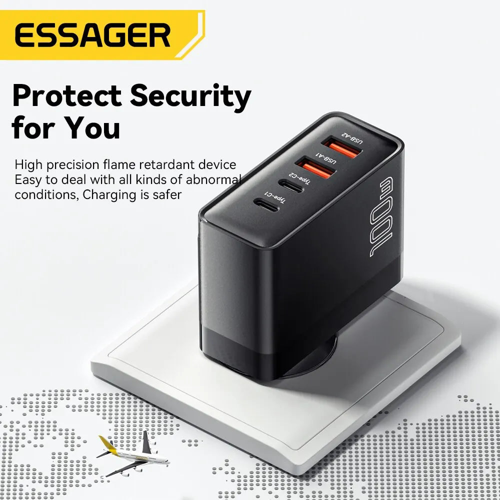 Essager 100W GaN Travel Charger – 3x USB-C & 1x USB-A Fast Charging