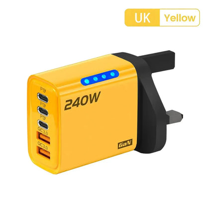 GaN Fast Charger 240W 5 Ports PD Quick Charge 3.0 2USB 3Type C For iPhone 15 16 17 Samsung Xiaomi Huawei Tablet EU US UK Plug