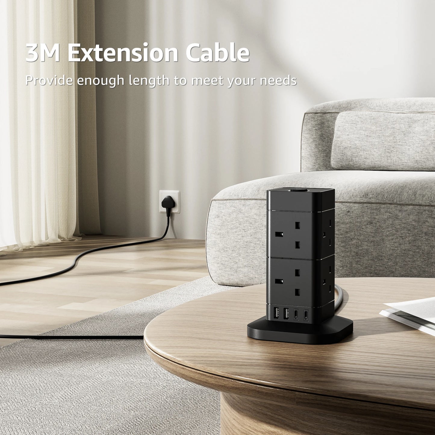 Hotimy 8-Way Tower Extension Lead with USB – 4 USB Ports (2A + 2C), 3250W 13A, 2m Cable